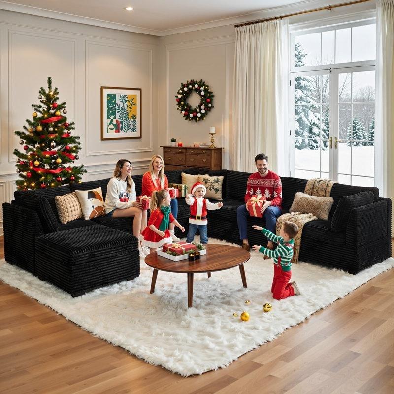Krem Fitilli Kadife Modüler Puf Şezlonglu U Köşe Koltuk Takımı - 333x333 cm - 194221