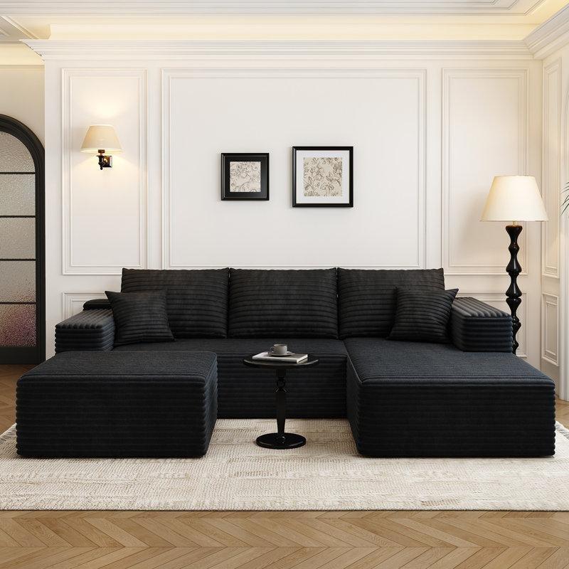 Krem Kadife Fitilli Kumaş Modüler Puf Dahil U Köşe Koltuk Takımı - 274 cm - 192760