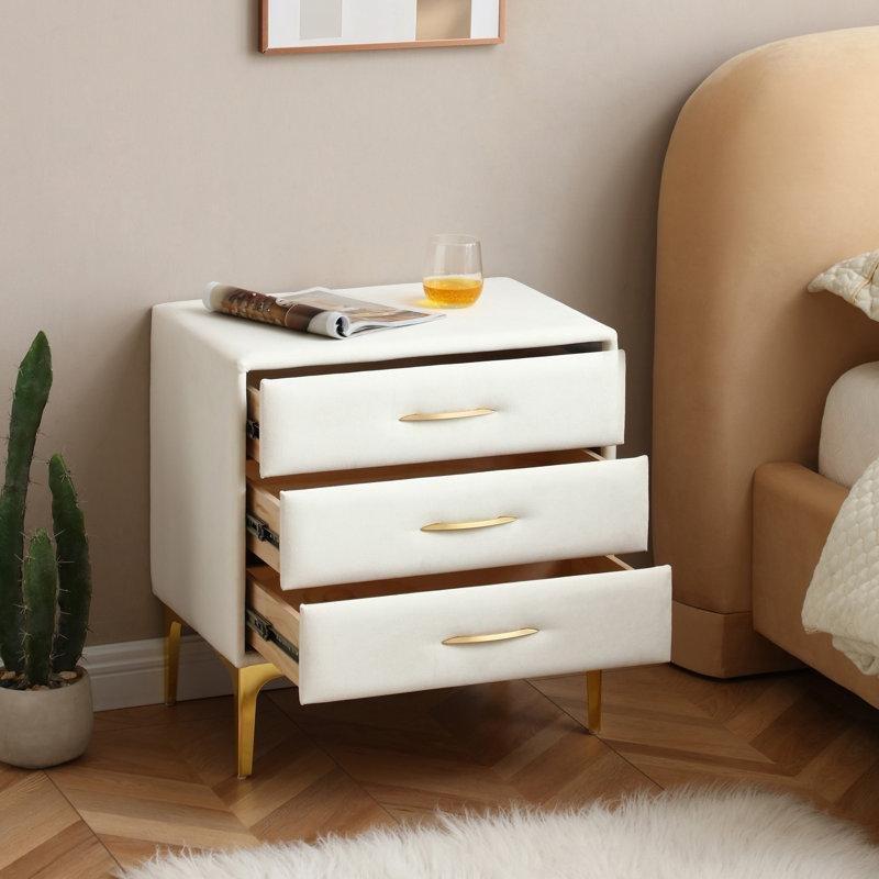 Krem Kadife Kumaş Gold Metal Ayaklı Üç Çekmeceli Komodin - 222751