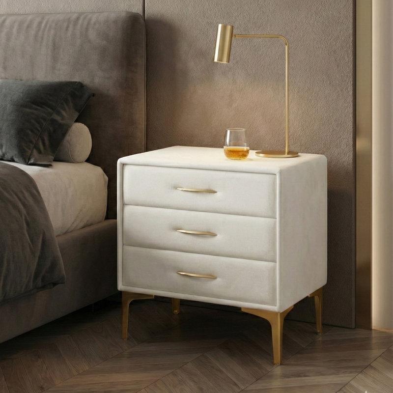 Krem Kadife Kumaş Gold Metal Ayaklı Üç Çekmeceli Komodin - 222751
