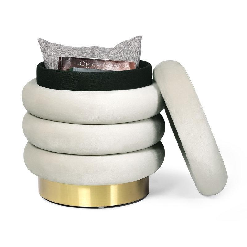 Krem Kadife Saklama Alanlı Gold Metal Detaylı Yuvarlak Makyaj Masası Pufu - 41x41 cm - 233200