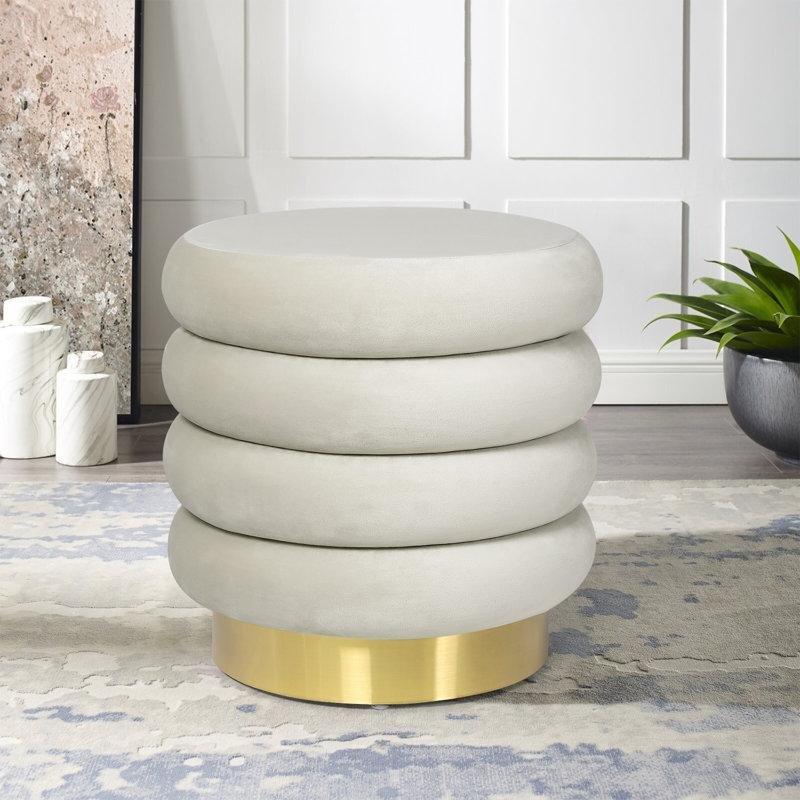 Krem Kadife Saklama Alanlı Gold Metal Detaylı Yuvarlak Makyaj Masası Pufu - 41x41 cm - 233200