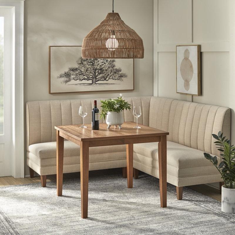 Krem Kapitoneli Sırtlı 3 Parça Masif Ahşap Ayaklı Köşe Bench Seti - 181x181 cm - 164149