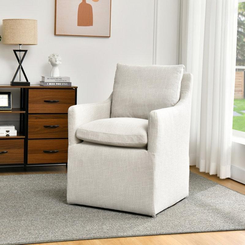 Krem Keten Kuş Tüyü Dolgulu Siyah Masif Ahşap Tekerlekli Tekli Koltuk - 61 cm - 204564