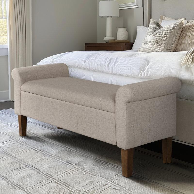 Krem Kumaş Döşemeli Kıvrımlı Kollu Masif Ahşap Ayaklı Sandıklı Bench - 117 cm - 164215