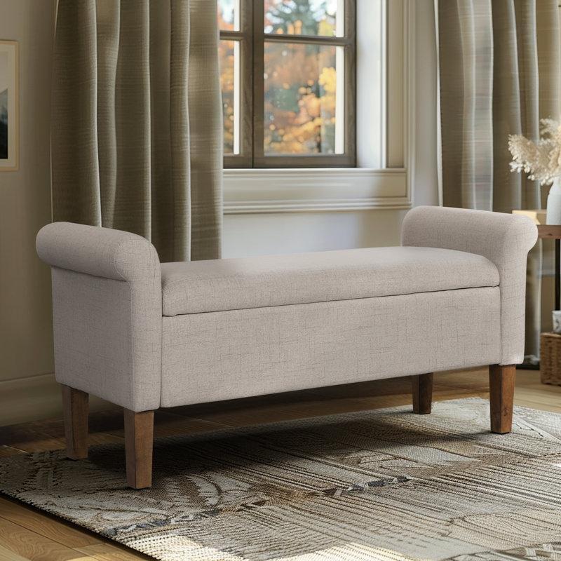 Krem Kumaş Döşemeli Kıvrımlı Kollu Masif Ahşap Ayaklı Sandıklı Bench - 117 cm - 164215
