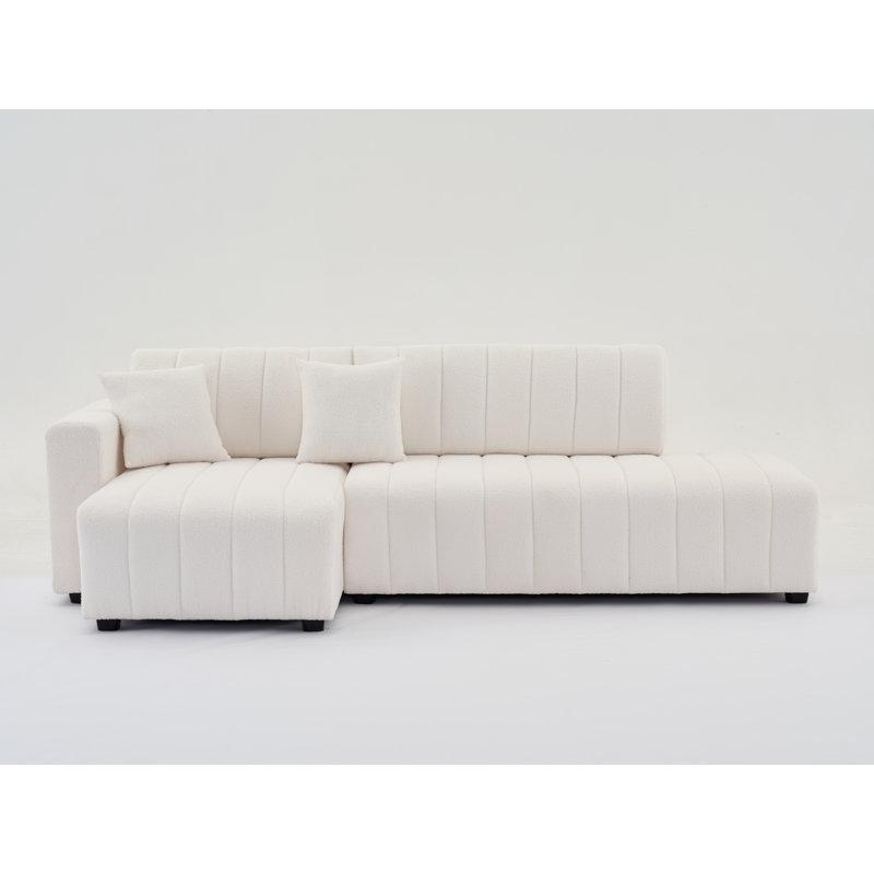 Krem Kuzu Yünü Kumaş Kapitoneli Şezlonglu L Köşe Koltuk Takımı - 265 cm - 193115