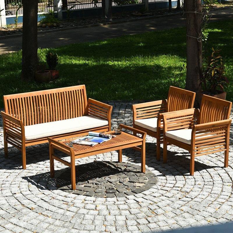 Krem Minderli Masif Akasya Ağacı 4 Kişilik Bahçe Takımı - 210756