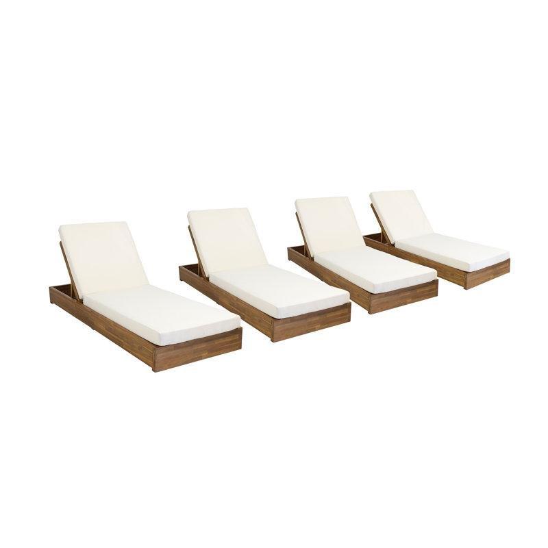 Krem Minderli Masif Akasya Ağacı 5 Kademeli 4lü Set Şezlong - 201 cm - 171695
