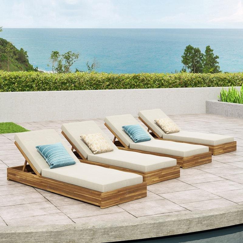 Krem Minderli Masif Akasya Ağacı 5 Kademeli 4lü Set Şezlong - 201 cm - 171695
