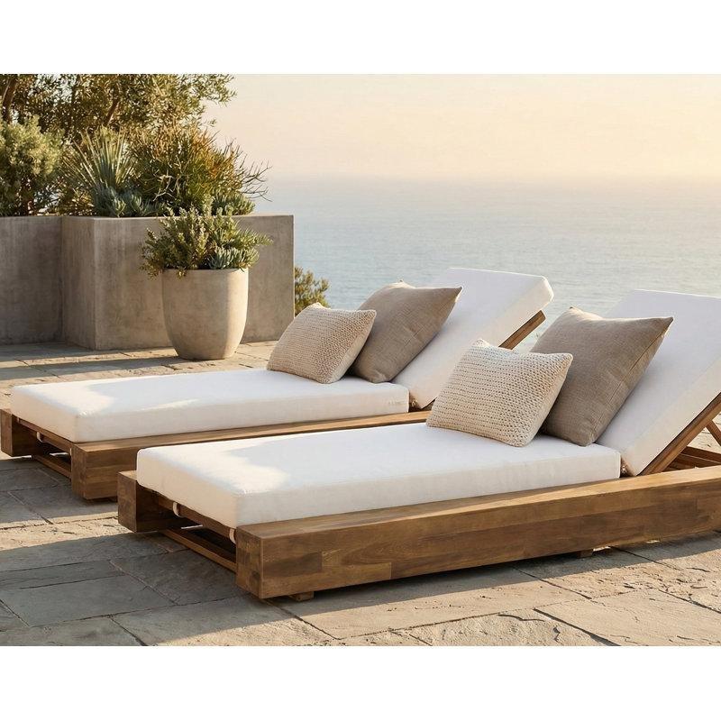 Krem Minderli Masif Akasya Ahşap Ayarlanabilir 2li Set Şezlong - 195 cm - 171502