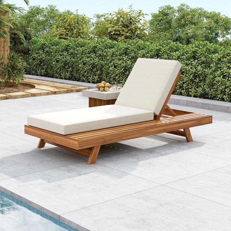 Krem Minderli Masif Akasya Ahşap Ayarlanabilir Tek Kişilik Şezlong - 201x96 cm - 171346