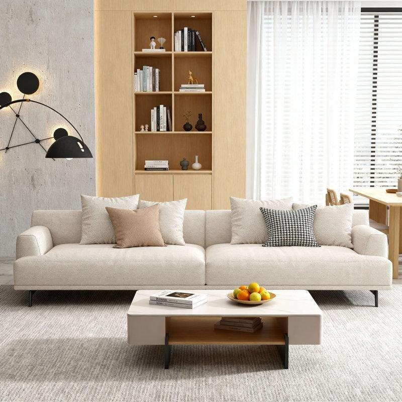 Krem Pamuk Keten Kumaş Metal Ayaklı Minderli Masif Ahşap Dört Kişilik Koltuk - 280 cm - 196915