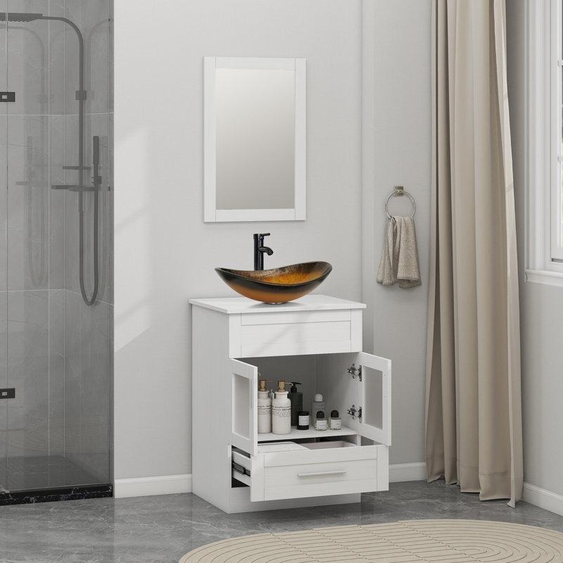 Krem Plastik Aynalı Çanak Lavabolu Ayaklı Banyo Lavabo Dolabı - 60 cm - 201978