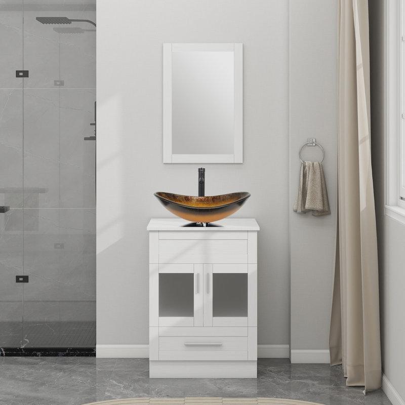 Krem Plastik Aynalı Çanak Lavabolu Ayaklı Banyo Lavabo Dolabı - 60 cm - 201978