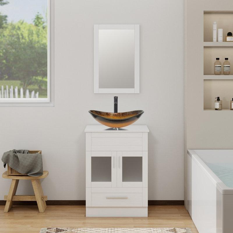 Krem Plastik Aynalı Çanak Lavabolu Ayaklı Banyo Lavabo Dolabı - 60 cm - 201978