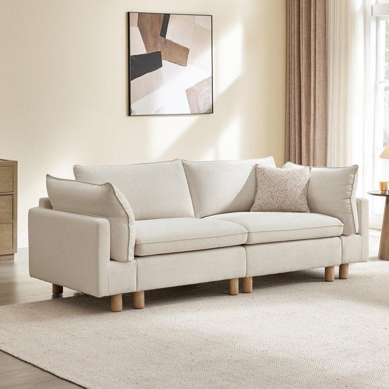 Krem Polyester ve Masif Ahşap Modüler İkili Koltuk - 234 cm - 206201
