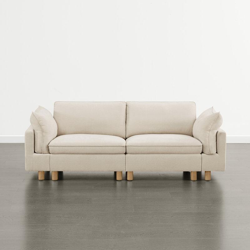 Krem Polyester ve Masif Ahşap Modüler İkili Koltuk - 234 cm - 206201