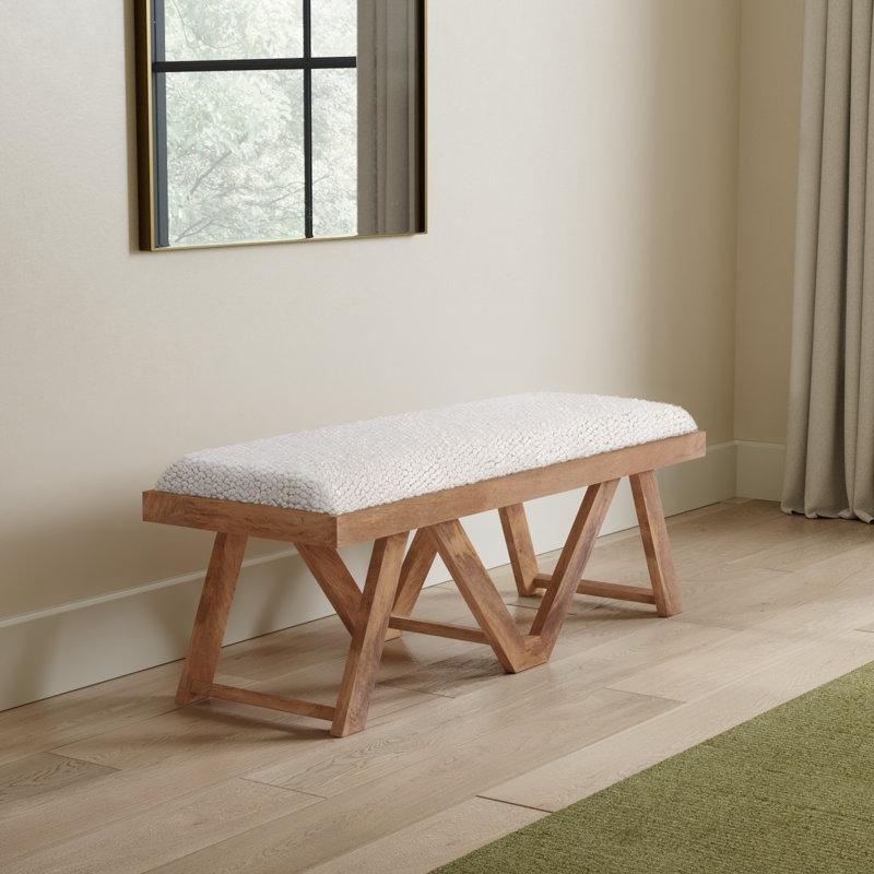 Krem Rengi Dokuma Döşemeli Masif Mango Ahşap Bench - 117 cm - 164446