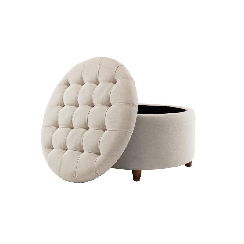Krem Rengi Dokuma Kumaş Kapitoneli Sandıklı Yuvarlak Puf Ahşap Ayaklı - 72 cm - 165277
