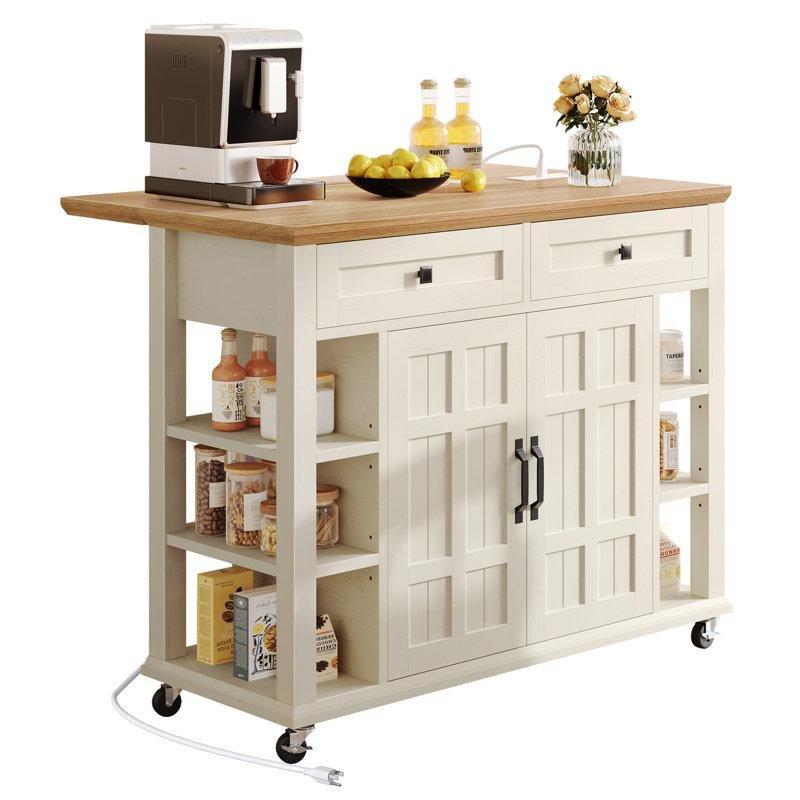 Krem Rengi Masif ve MDF Tekerlekli Prizli Açılır Kapanır Tablalı Mutfak Adası - 116 cm - 176569