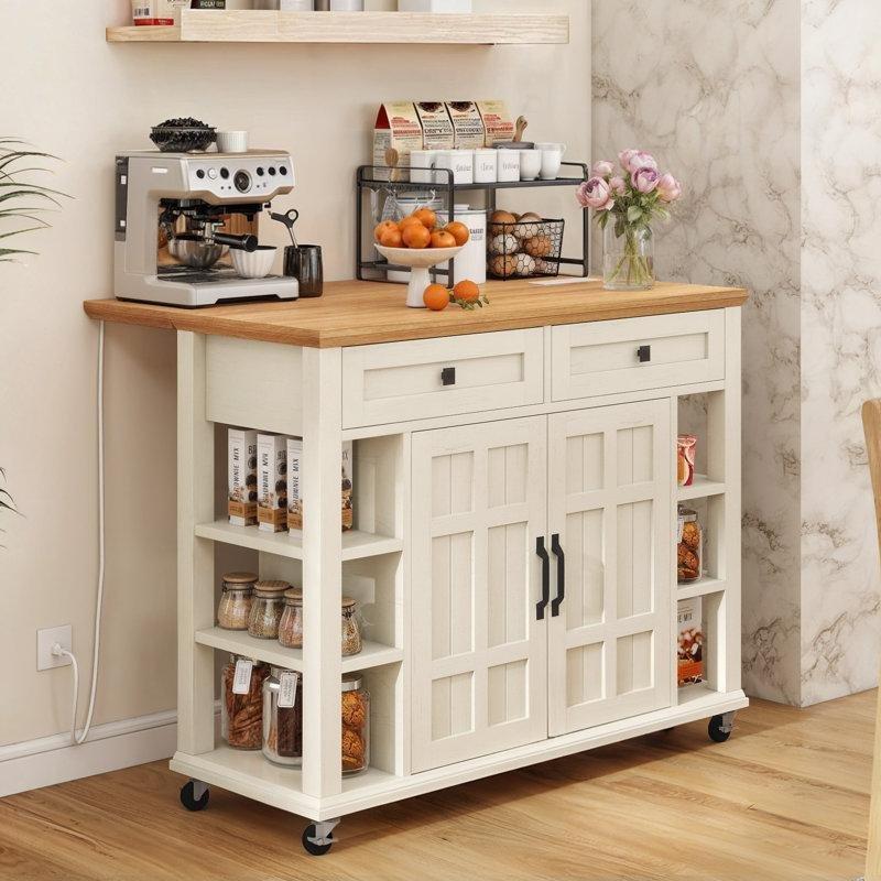 Krem Rengi Masif ve MDF Tekerlekli Prizli Açılır Kapanır Tablalı Mutfak Adası - 116 cm - 176569