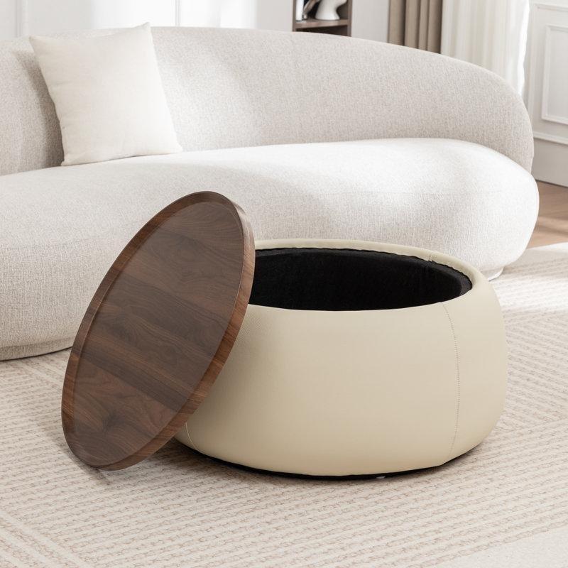 Krem Rengi Suni Deri Tepsili Sandıklı Yuvarlak Puf - 82 cm - 164941
