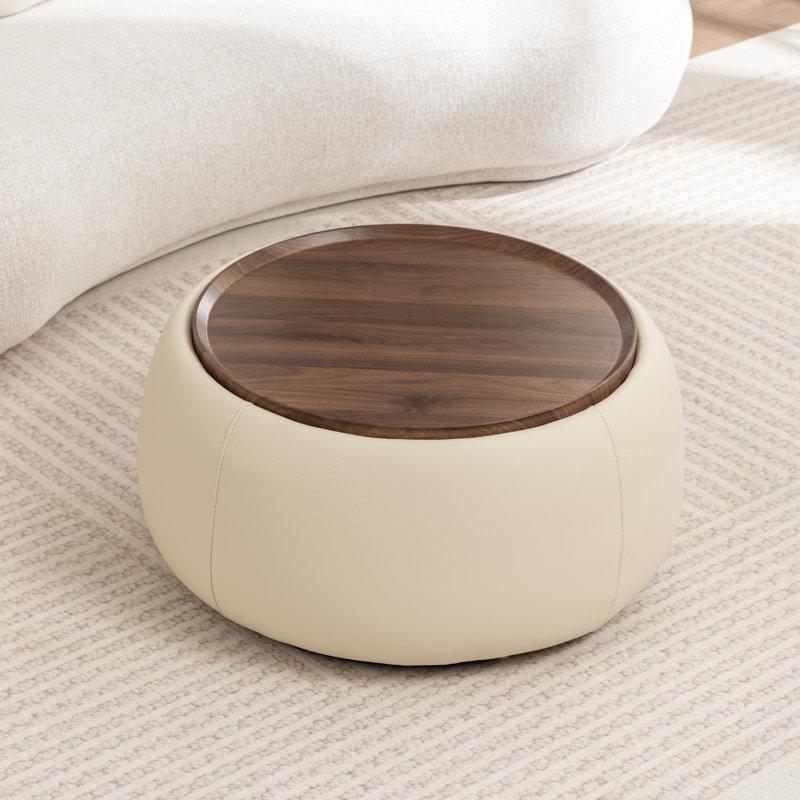 Krem Rengi Suni Deri Tepsili Sandıklı Yuvarlak Puf - 82 cm - 164941