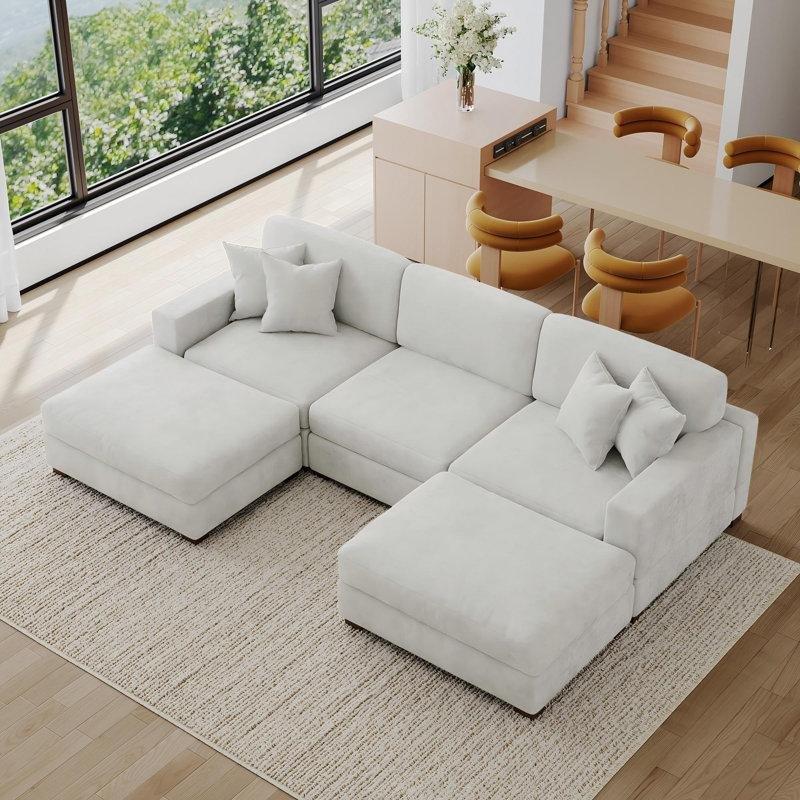 Krem Şönil Kumaş Modüler Ayarlanabilir Başlıklı U Köşe Koltuk Takımı - 298x174 cm - 192588