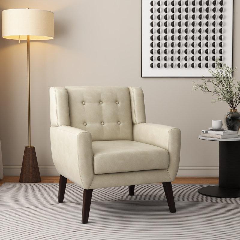 Krem Suni Deri Kapitoneli Masif Ahşap Tekli Koltuk - 202588