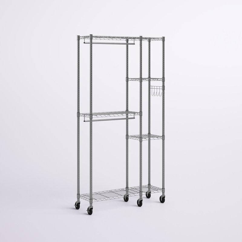 Krom Metal Tekerlekli 5 Raflı 2 Askı Çubuklu Ayaklı Askılık - 105 cm - 165601