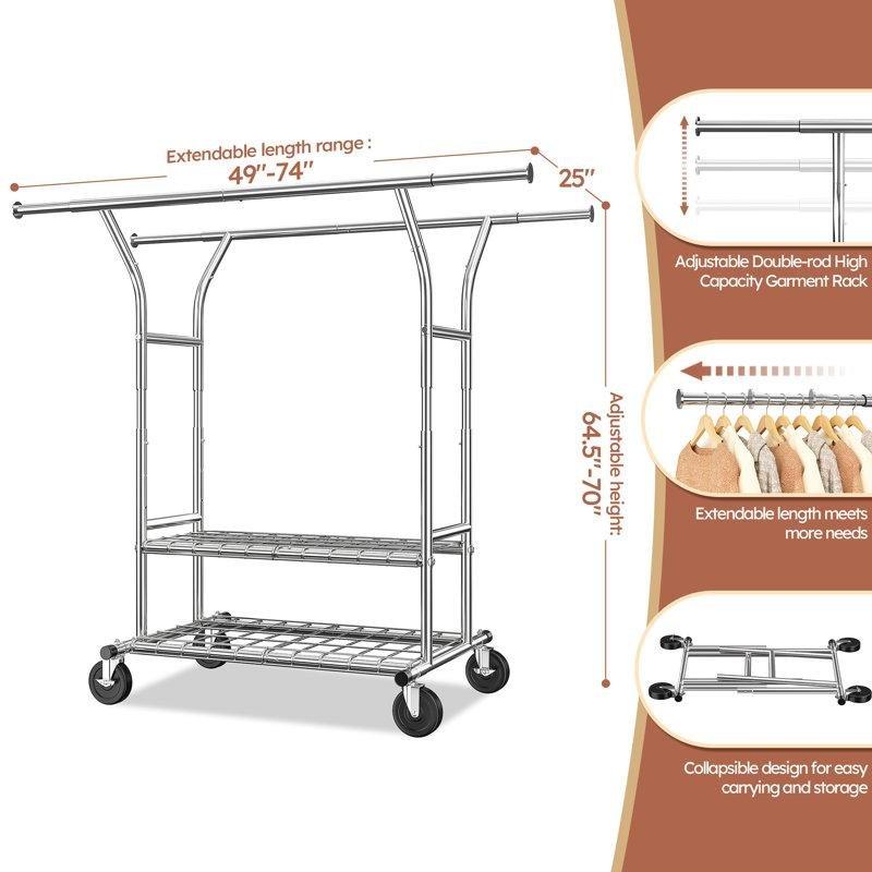 Krom Metal Tekerlekli Ayarlanabilir Katlanabilir Çift Askılı Ayaklı Askılık - 188x178 cm - 165496