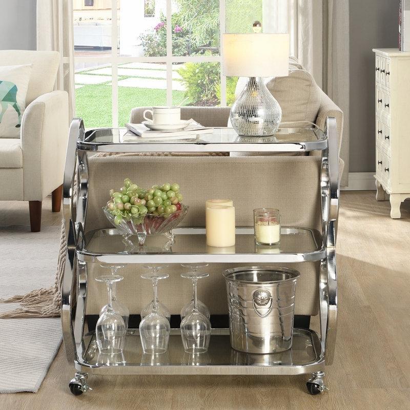 Krom Metal ve Cam 3 Katlı Tekerlekli Şişe ve Kadeh Raflı Servis Arabası - 71x41x73 cm - 178080
