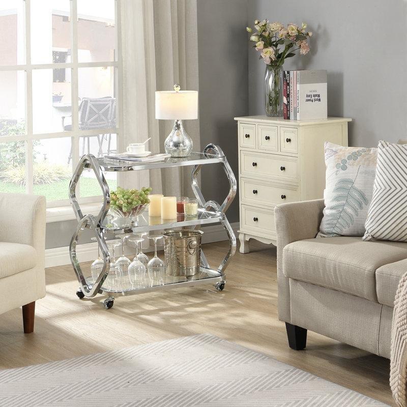 Krom Metal ve Cam 3 Katlı Tekerlekli Şişe ve Kadeh Raflı Servis Arabası - 71x41x73 cm - 178080