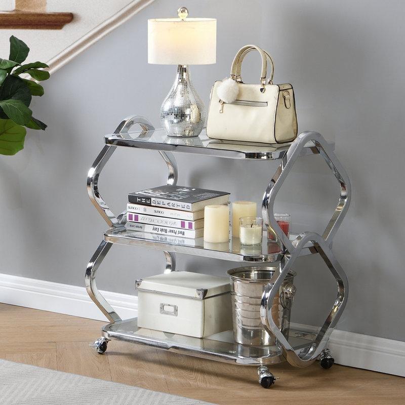 Krom Metal ve Cam 3 Katlı Tekerlekli Şişe ve Kadeh Raflı Servis Arabası - 71x41x73 cm - 178080