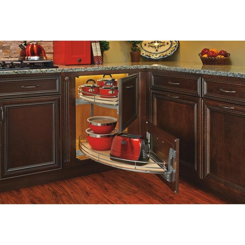 Krom Metal ve Masif Akçaağaç Kavisli Döner İki Katlı Kör Köşe Dolap İçi Düzenleyici - 48 cm - 183213