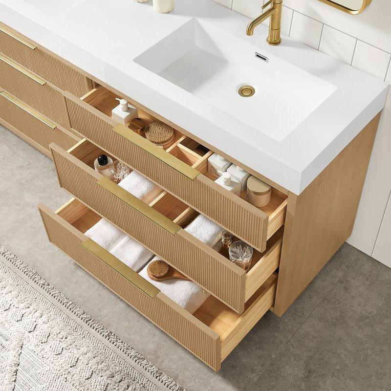 Kül Grisi Masif Ahşap Bambu Rattan Panelli Çift Lavabolu Banyo Dolabı - 152 cm - 197669