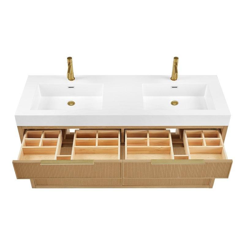 Kül Grisi Masif Ahşap Bambu Rattan Panelli Çift Lavabolu Banyo Dolabı - 152 cm - 197669