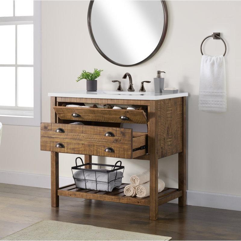 Kültür Mermeri Tezgahlı Masif Çam Ağacı Çekmeceli ve Raflı Banyo Lavabo Dolabı - 94 cm - 199123
