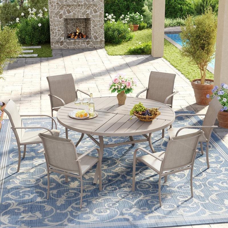 Kum Kabuğu Rengi Metal İstiflenebilir Şemsiye Delikli Yuvarlak Bahçe Masa Takımı - 127 cm - 214558