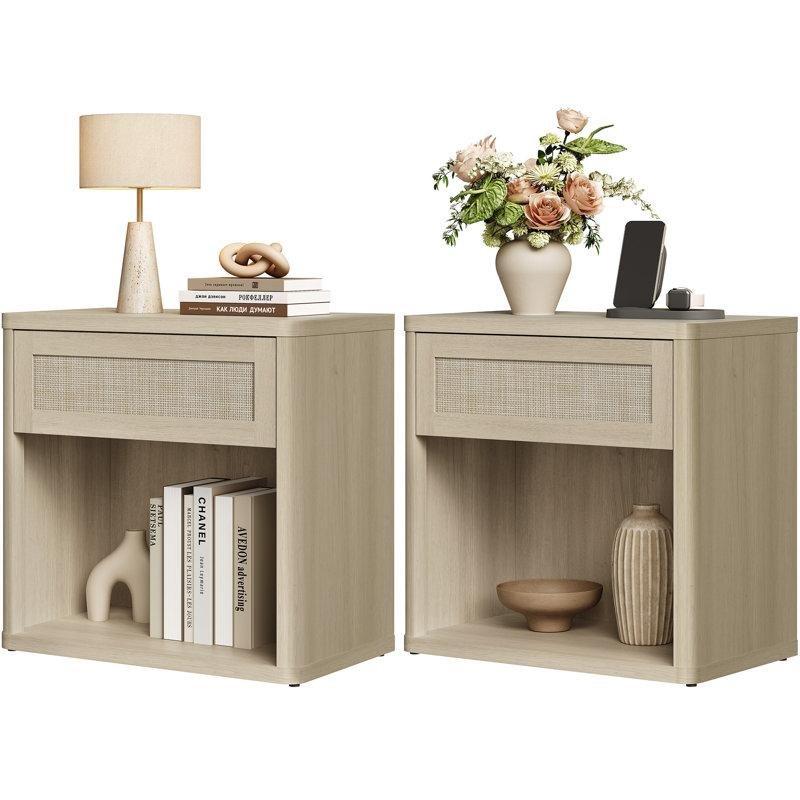 Kum Meşesi Rattan Tek Çekmeceli ve Raflı İkili Komodin Seti - 68 cm - 224468