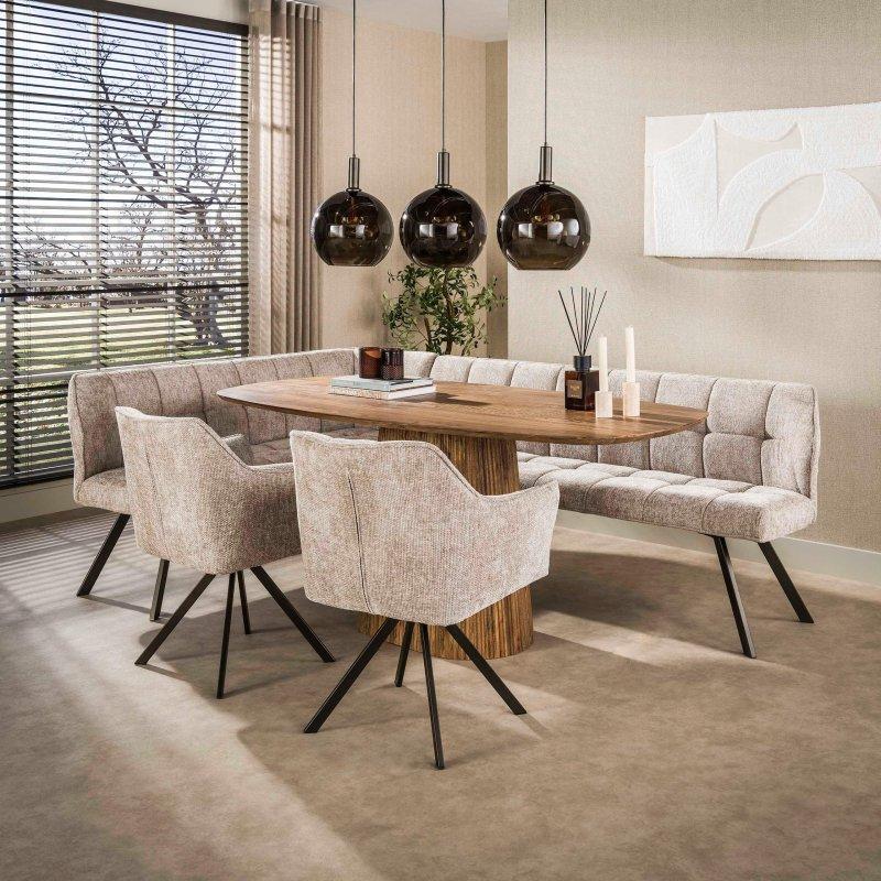 Kum Rengi Masif Mango Dalgalı Merkezi Ayaklı Oval Bohem Yemek Masası - 180x90 cm - 235430