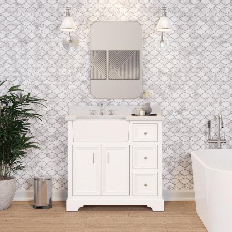 Kuvars Tezgahlı 3 Çekmeceli Masif Çam Ahşap Ayaklı Banyo Lavabo Dolabı - 92 cm - 200725