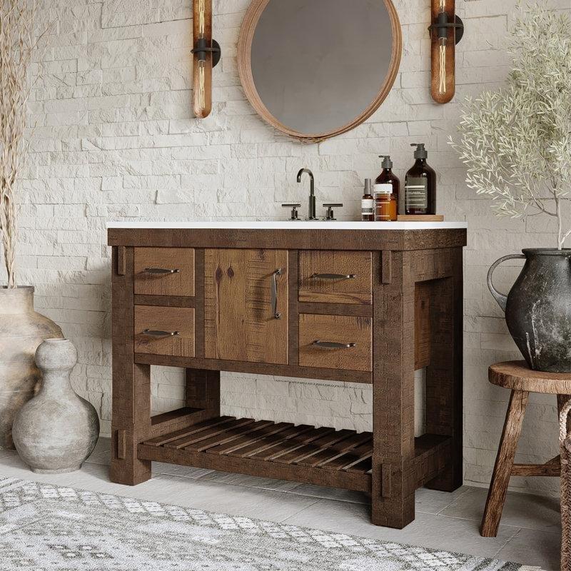 Kuvars Tezgahlı Kahverengi Masif Çam Yavaş Kapanır Banyo Lavabo Dolabı - 107 cm - 201252