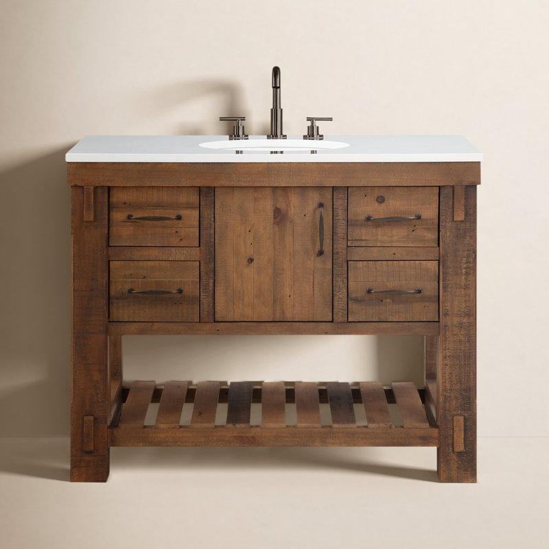Kuvars Tezgahlı Kahverengi Masif Çam Yavaş Kapanır Banyo Lavabo Dolabı - 107 cm - 201252