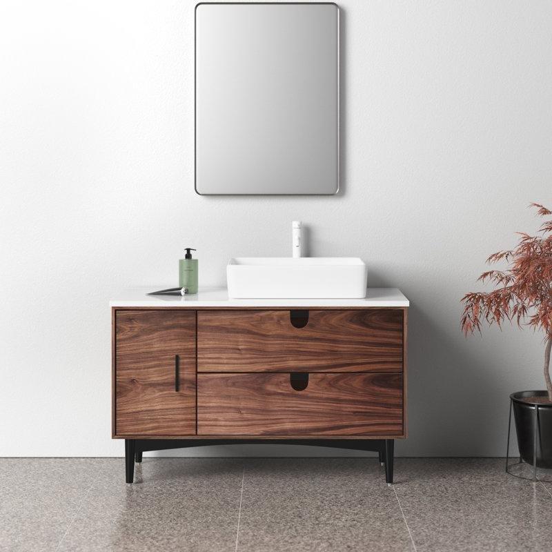 Kuvars Tezgahlı Masif Ahşap Ayaklı Çekmeceli Banyo Lavabo Dolabı - 122 cm - 200426