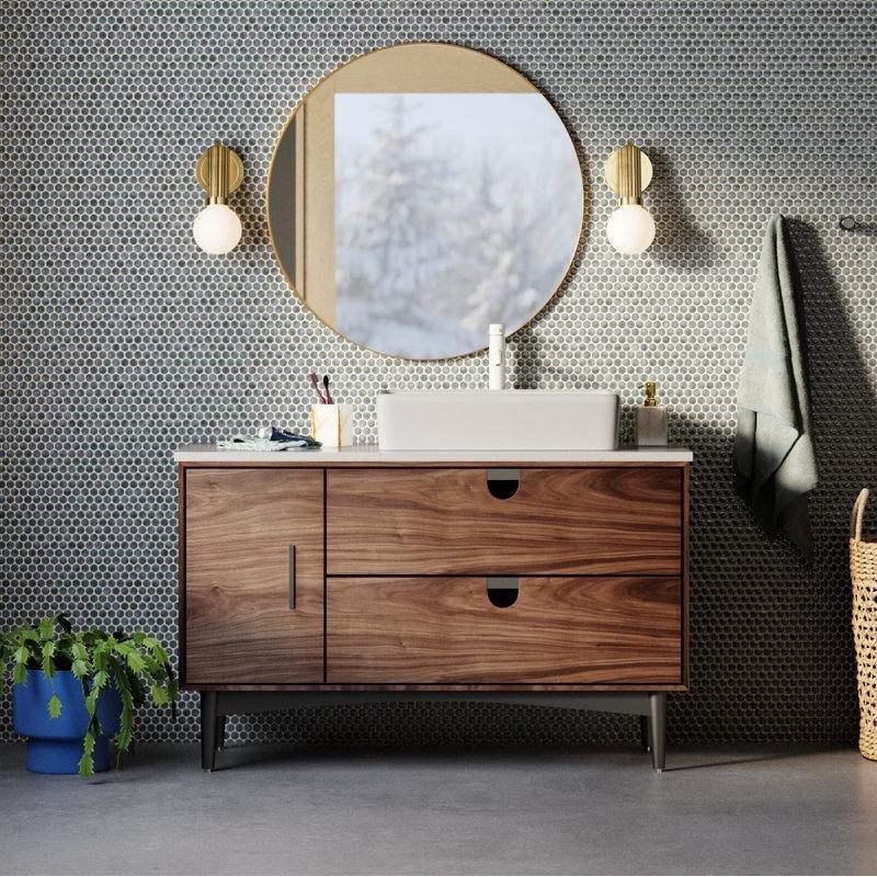 Kuvars Tezgahlı Masif Ahşap Ayaklı Çekmeceli Banyo Lavabo Dolabı - 122 cm - 200426