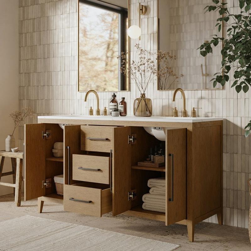 Kuvars Tezgahlı Masif Ahşap Çift Lavabolu Banyo Dolabı - 153 cm - 200235