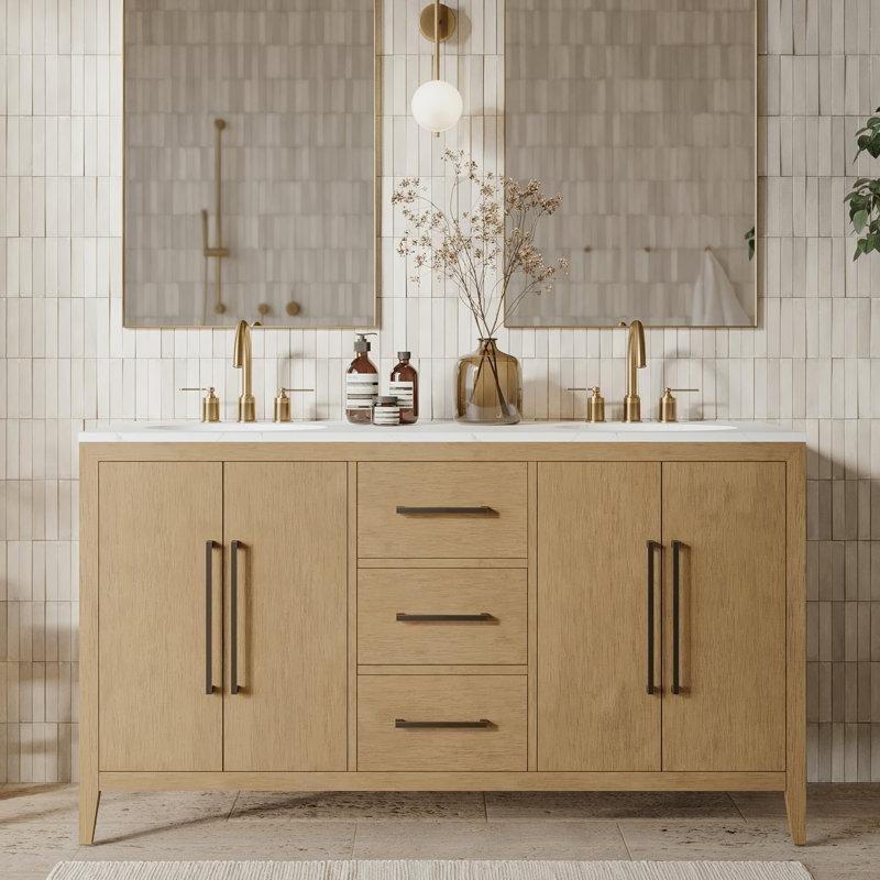 Kuvars Tezgahlı Masif Ahşap Çift Lavabolu Banyo Dolabı - 153 cm - 200235