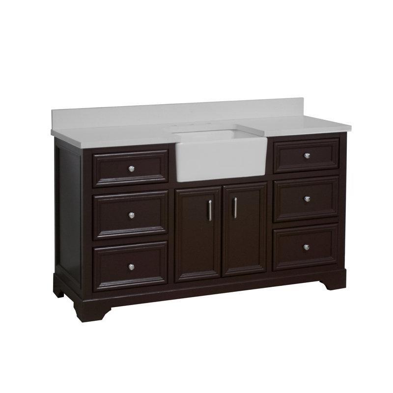 Kuvars Tezgahlı Masif Çam Ahşap Ayaklı Yavaş Kapanır 6 Çekmeceli Banyo Lavabo Dolabı - 153 cm - 201370